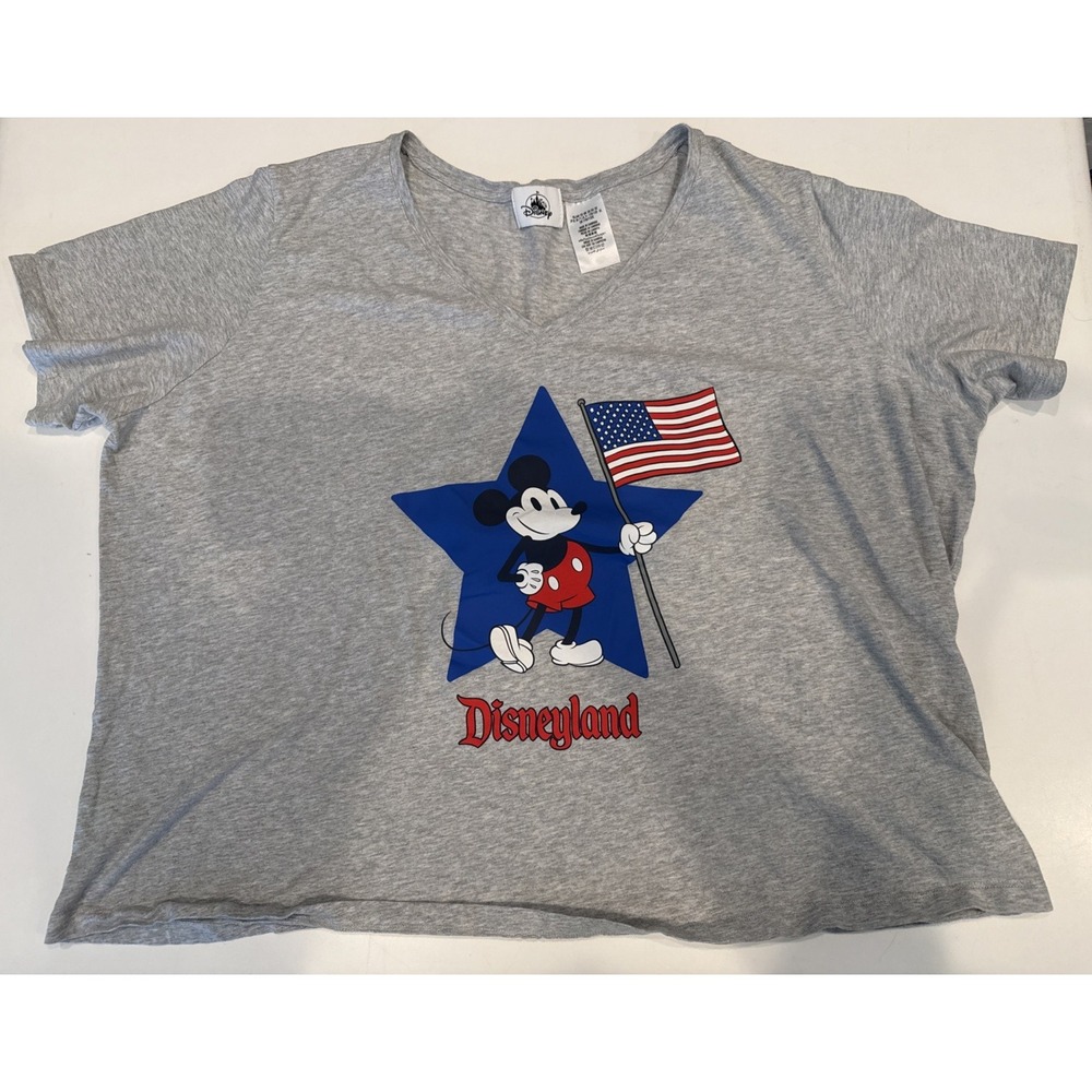 Disney Mickey Mouse USA Flag Patriotic Cropped Shirt 2XL Gray Disneyland Boxy